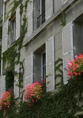 Fototapeta na wymiar Flower boxes from windows in France