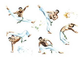 Capoeira fighters set, isolated on white background. Concept about people, lifestyle and sport. Watercolor hand drawn  illustration