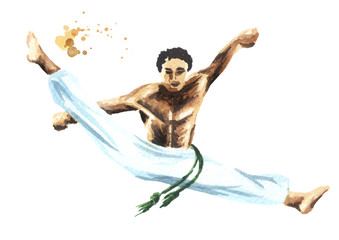 Young man practicing capoeira, jumping in air and fighting isolated on white background