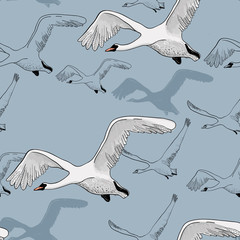 illustration of Seamless pattern of drawing white Flying Swans. Hand drawn, doodle graphic design with birds. Wrapping paper, wallpaper, backdrop.