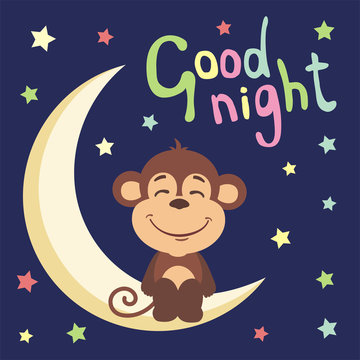 Good Night! Funny Monkey In Cartoon Style Sitting On Moon.