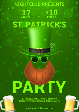 Saint Patrick's Day Party Poster. Vector Illustration with Realistic Hat, Green Sun Glasses, Red Beard and Beer Glasses . Invitation to nightclub.