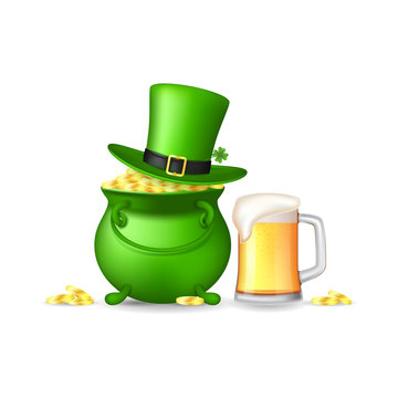 Happy Saint Patrick's Day Background. Vector Illustration with Realistic Green Hat, Beer Glass, Pot and Golden Coins Isolated on White Background.
