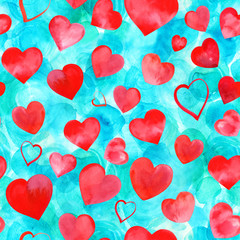 Seamless pattern of watercolor red hearts on turquoise, Valentine print