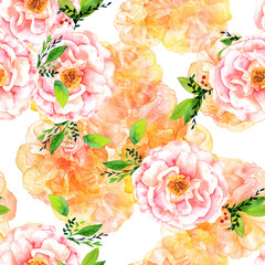 Seamless watercolor rose bud and leaf pattern on white