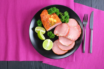 juicy ham on cutting board, close-up