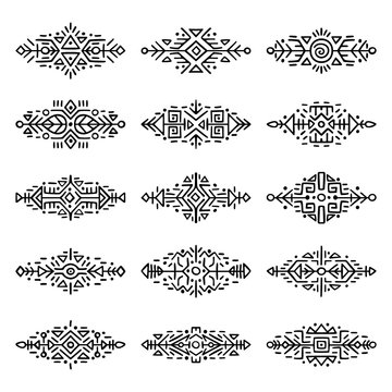 Collection of Hand Drawn Borders in Ethnic Style. Aztec art dividers. Trendy boho separators. Tattoo design.