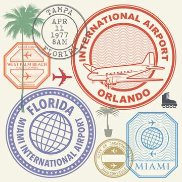 Retro postage USA airport stamps set Florida state