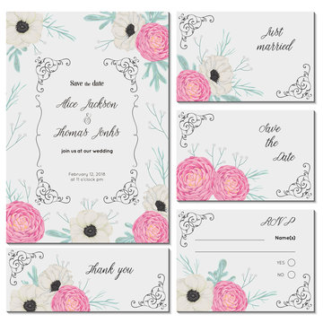 Save the date card with pink camellias, white anemone flowers, dusty miller and gypsophila. Holiday floral design for wedding invitation. Vintage hand drawn vector illustration in watercolor style