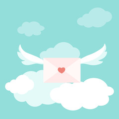 Valentine Day card template. Flying pink white letter envolope with wings sealed with red heart love symbol. Bright blue sky with white clounds. Vector design illustration.