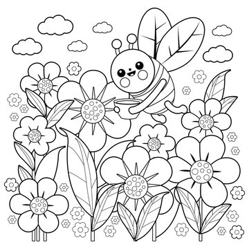 Cute  bee flying around flowers in springtime. Vector black and white coloring page.