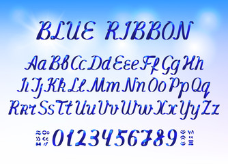 Blue ribbon alphabet letters and numbers on light blue background