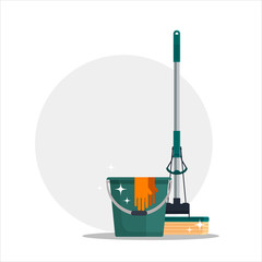 Cleaning service. Colorful set house cleaning tools with bucket, mop, glovers with place for your text. Detergent and disinfectant products, household equipment - flat vector illustration