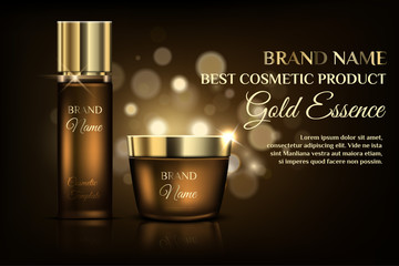 A beautiful cosmetic templates for ads design, exhibition from realistic golden bottle and jar on a gold bokeh background
