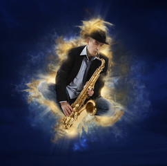 Fototapeta na wymiar Man playing on saxophone