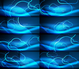 Set of neon cloud computing vector backgrounds