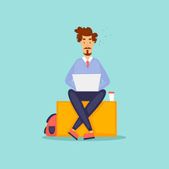 Young man working on the computer programmer, business analysis, design, strategy. Flat vector illustration in cartoon style.