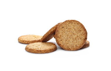 Round integral, wholewheat biscuits with coconut isolated on white background