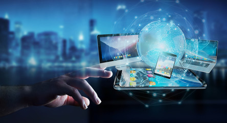 Businessman connecting tech devices and icons applications 3D rendering