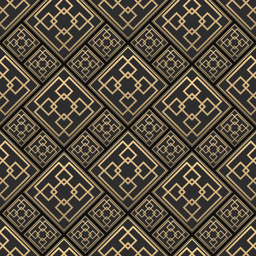 Seamless pattern in Art Deco style. Black and golden tilework. 3d effect ceramic tiles. Luxury background.