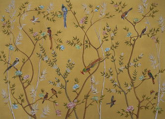 Panele Szklane  Ptaki i kwiaty na złotym tle