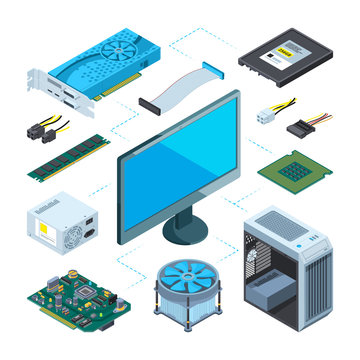 Isometric illustrations of computer hardware. Vector pictures set