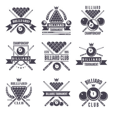 Monochrome labels or logos for billiard club. Vector illustrations of snooker balls