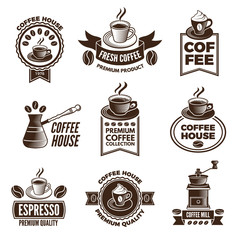 Different labels set for coffee house. Pictures of cups of coffee and caffeine beans