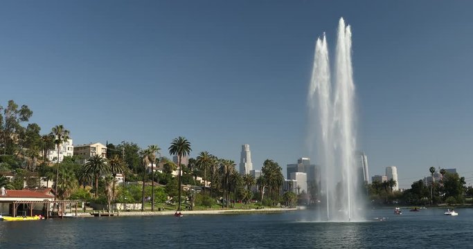 Urban cityscape center of the city of Los Angeles looking over the lake in Echo Park
