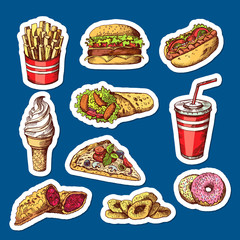 Vector hand drawn colored fast food elements stickers isolated on plain background