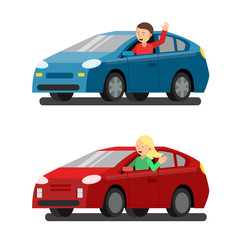 Illustration of male and female drivers in cars. Vector pictures in flat style