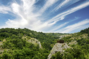 Landscape in the strandja National park , background with blue sky and a observation post