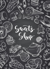 Vector hand drawn contoured sweets on chalkboard poster illustration with place for text