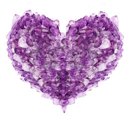 heart shape symbol from lilac amethyst crystals isolated on white