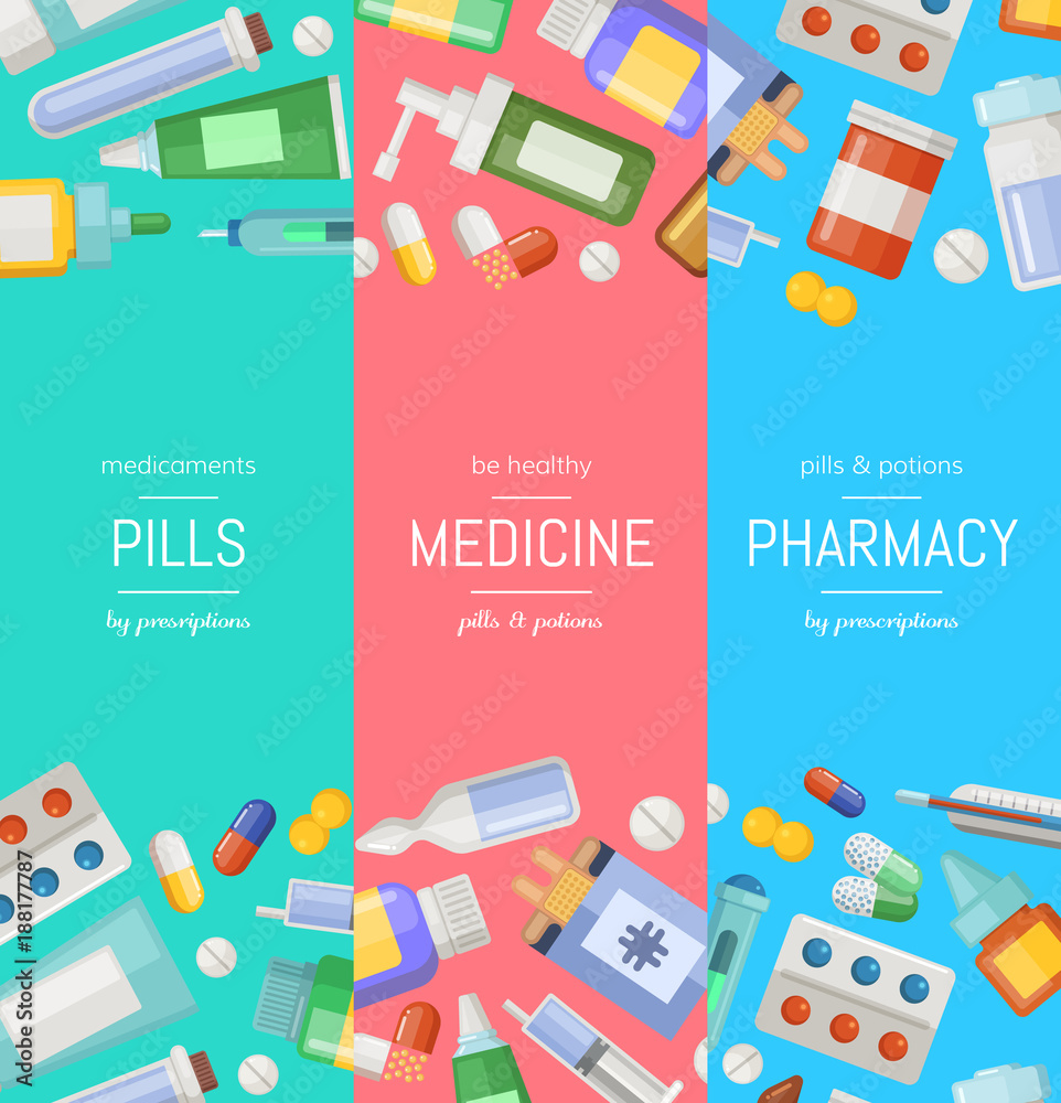 Poster vector cartoon pharmacy or medicines vertical banner templates