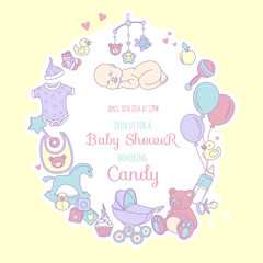 Fototapeta premium Vector illustration Cute baby shower invitation card for boy or girl, celebtation party invitation. Lovely background with balloons, sleeping baby, stroller, teddy bear, baby clothes, toys. Line style