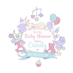 Vector illustration Cute baby shower invitation card for boy or girl, celebtation party invitation. Lovely background with balloons, sleeping baby, stroller, teddy bear, baby clothes, toys. Line style