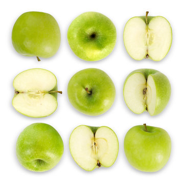 Green apple collection isolated on white background with clipping part
