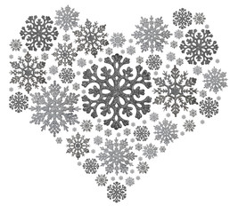 silver heart shape from snowflakes on white
