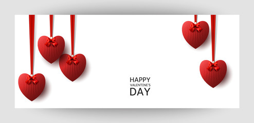 Horizontal gift design background with red knitted hearts. For Valentine's Day, Wedding, Birthday. For a banner, postcards. flyer, label, certificate, company card. Vector.