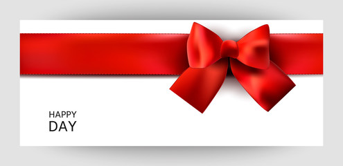 Horizontal gift ribbon design background with a red bow. Invitation For Valentine's Day, Wedding, Birthday. For a banner, postcards. flyer, label, certificate, company card. Vector.
