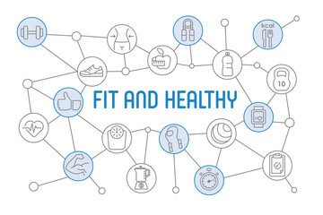 Fit and Healthy lifestyle banner. Design chart with thin line icons