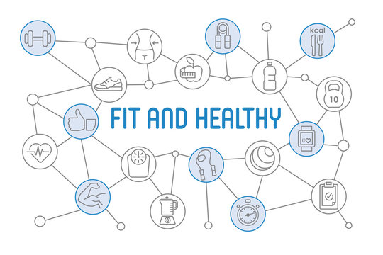 Fit and Healthy lifestyle banner. Design chart with thin line icons