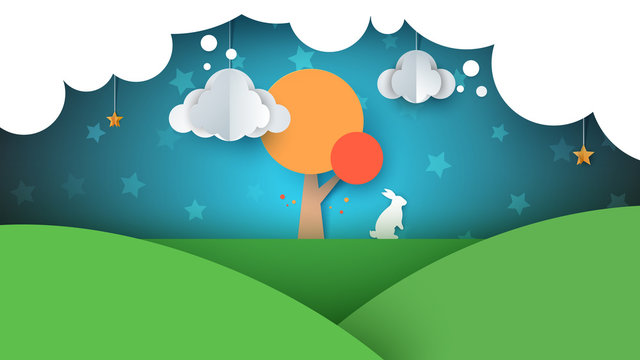 Cartoon Paper Landscape. Rabbit Illustration. Tree, Cloud, Sky Star Vector Eps 10