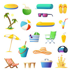 Travel and vacation icon set. Collection of beach accessories and objects