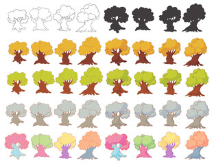 Big set of cartoon trees isolated on white background. Oak.