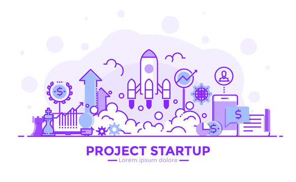 Flat Line Purple color Modern Concept Illustration - Project Startup