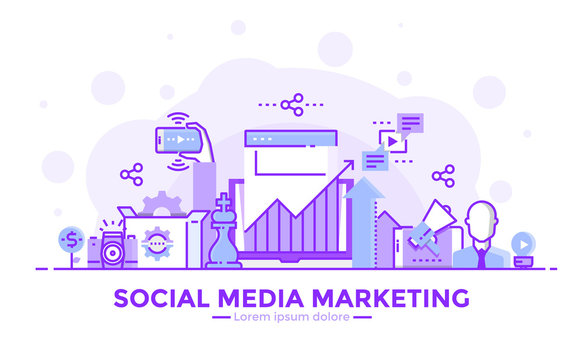 Flat Line Purple color Modern Concept Illustration - Social Media marketing