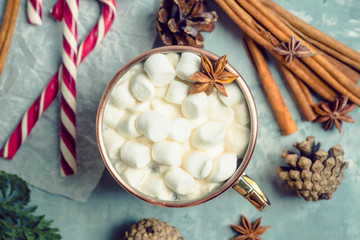 Obraz na płótnie Canvas Hot chocolate with marshmallows, cinnamon and anise, served with christmas decoration. Selective focus. Toned image.