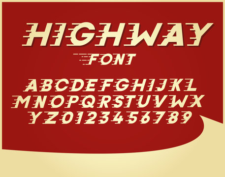 Custom font in italic style with motion elements. Speed highly costumized alphabet. Vector typography with a vintage retro poster style